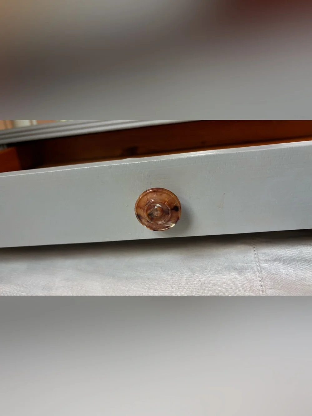 Vintage Wooden Storage Drawer with Blue Gray Finish and Decorative Knob